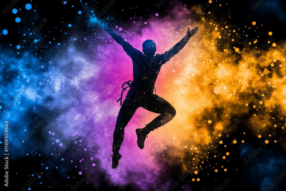 Naklejka premium A vibrant watercolor illustration of a trapeze artist mid-flight, framed by colorful splashes of light and fabric