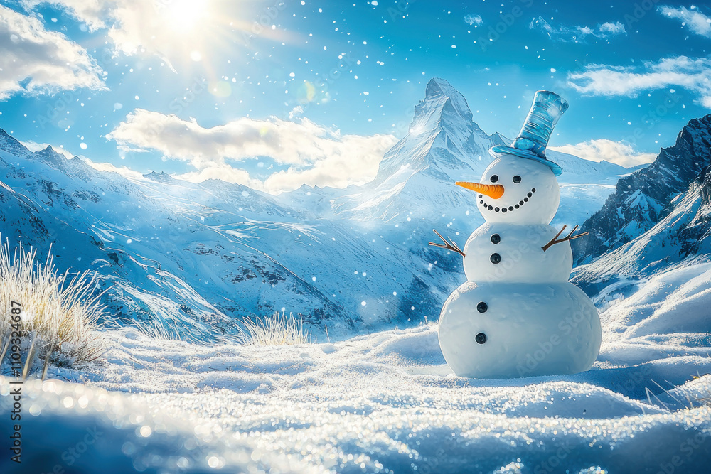 Obraz premium Snowman in snowy mountain landscape on sunny winter day.