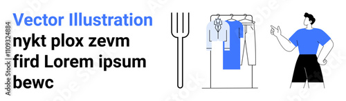 Person pointing at a clothing rack with hanging garments and an adjacent fork-thumbs up object. Ideal for fashion industry, organization, decision-making, lifestyle choices, minimalism, instructions