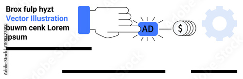 Hand pressing a blue AD button with a coin stack and gear icons, representing digital marketing, monetization, ad campaigns, automation, and business optimization. Ideal for websites, blogs