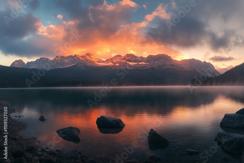 Sunrise Over Eibsee Lake with Majestic Mountains in the Background, AI generated illustration photo