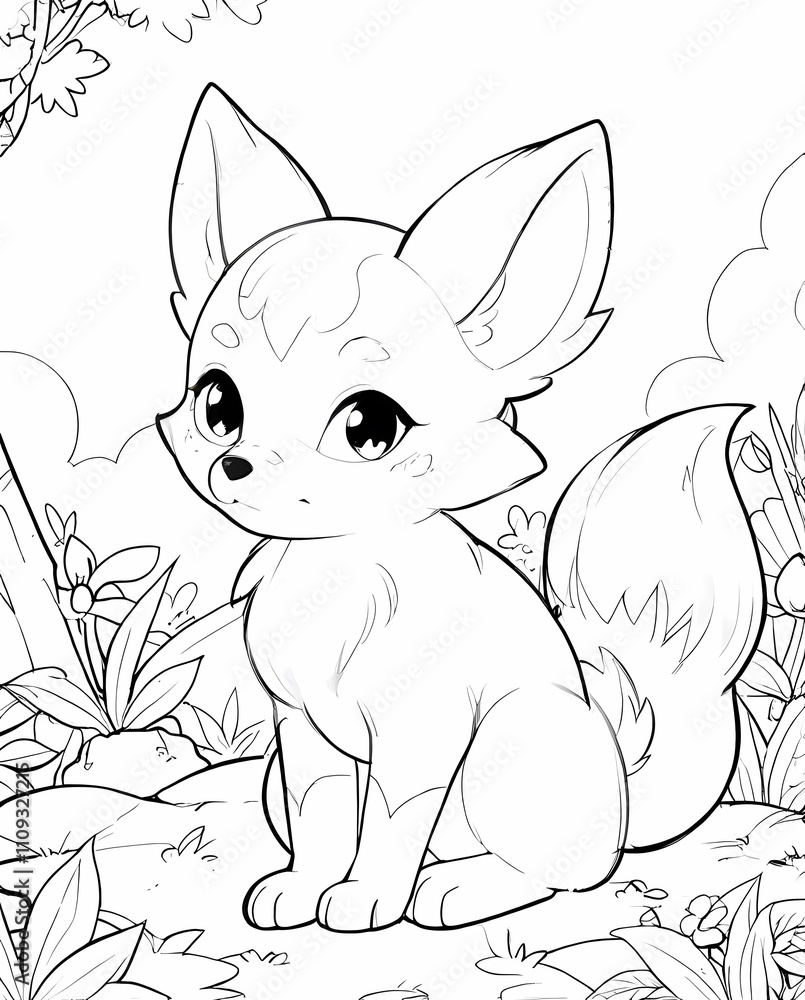 Obraz premium Fun and Creative Chibi Fox Line Art Coloring Sheet for Kids with Sweet Ears and Playful Details