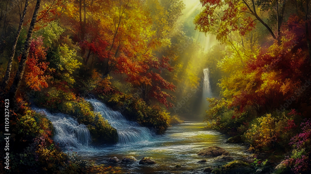Fototapeta premium Enchanting autumn forest with sunlight filtering through trees, featuring a magical river flowing through the scene