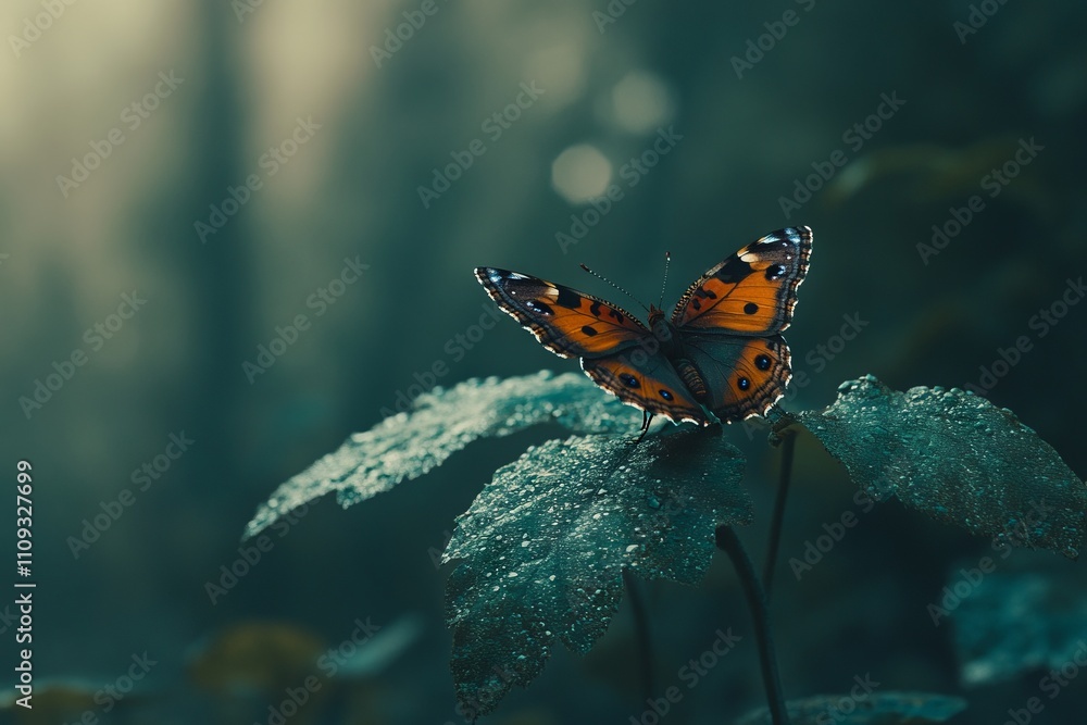 Close-up of a Butterfly on a Green Leaf in the Forest. AI generated illustration Close-up of a Butterfly on a Green Leaf in the Forest. AI generated illustration