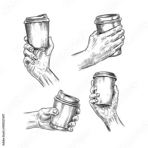 hand holding disposable coffee cup vector line art hand drawn illustration set collection