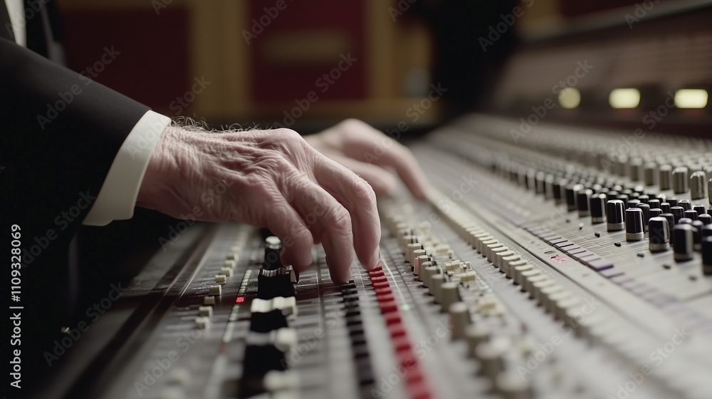 Obraz premium Serene audio studio with sound engineer adjusting noise reduction settings on mixing console, symbolizing the meticulous process of eliminating unwanted sounds.