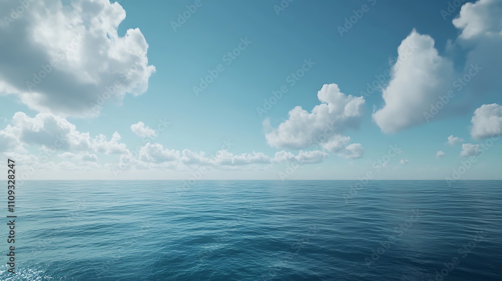 Obraz premium A serene ocean view under a clear blue sky with fluffy clouds.