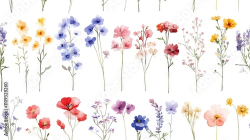 Seamless pattern of watercolor pastel wildflower bouquets with delicate stems and tiny leaves perfect for wedding stationery and greeting cards