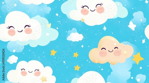 Cute kawaii clouds in a seamless pattern floating joyfully across a bright sky