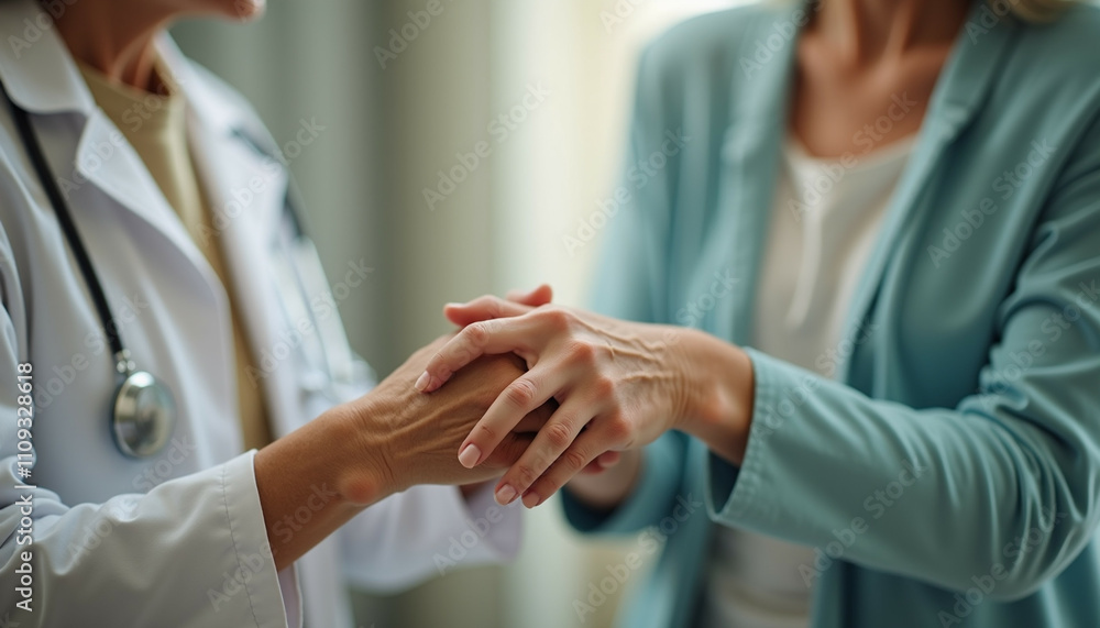 Doctor and patient holding hands showing empathy and support during a consultation. Doctor and patient holding hands showing empathy and support during a consultation.