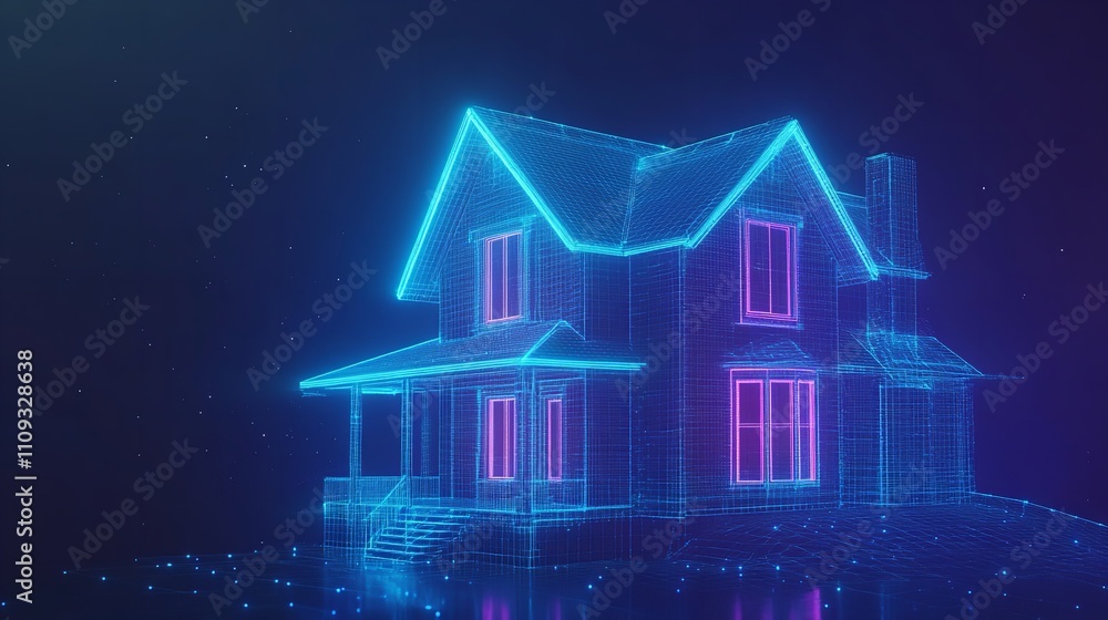 3D Hologram Wireframe of a House with Blue Neon Light on a Dark Background 3D Hologram Wireframe of a House with Blue Neon Light on a Dark Background