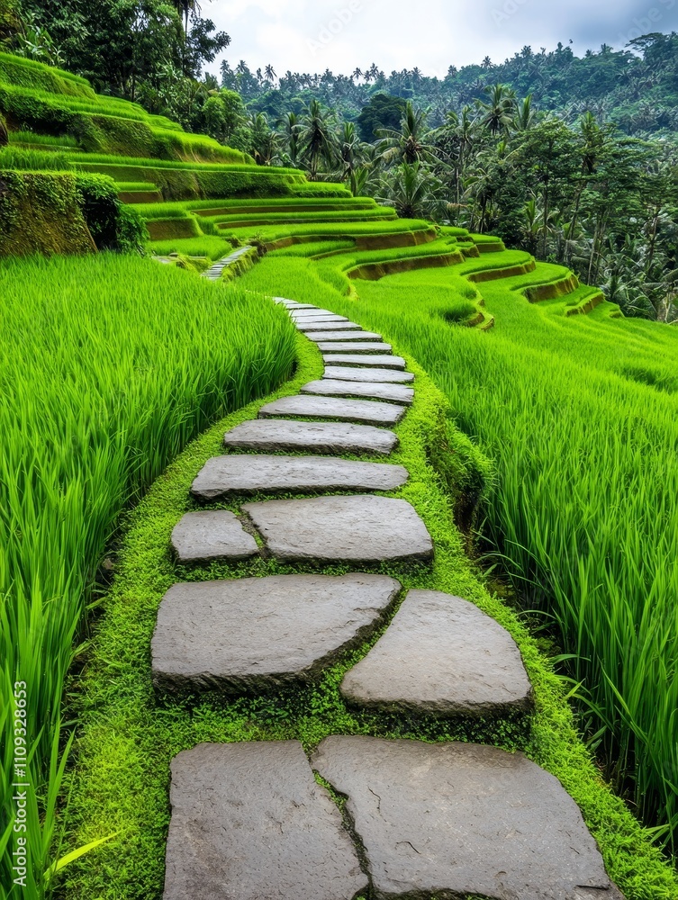 Obraz premium Lush Green Rice Terraces and Stone Path - Serene stone path winding through vibrant green rice terraces, symbolizing peace, nature, journey, growth, and abundance.