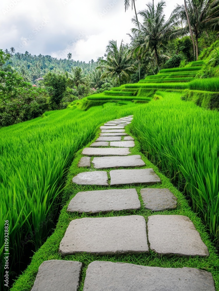 Lush Green Rice Terraces and Stone Path in Jungle - Serene stone path winding through vibrant green rice terraces and lush jungle, symbolizing peace, nature, journey, growth, and tranquility. Lush Green Rice Terraces and Stone Path in Jungle - Serene stone path winding through vibrant green rice terraces and lush jungle, symbolizing peace, nature, journey, growth, and tranquility.