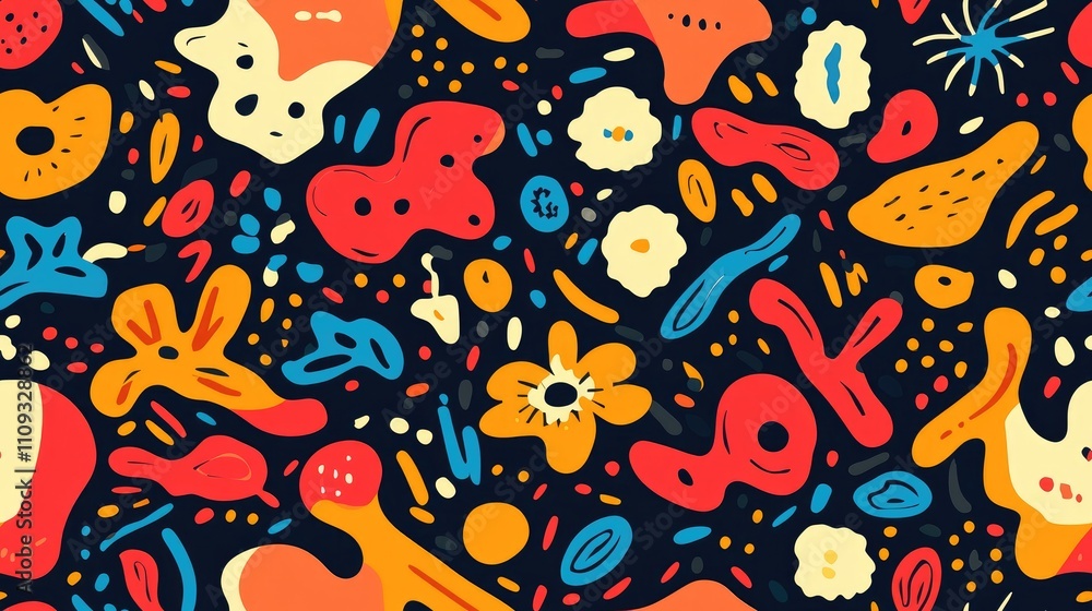 Vibrant abstract seamless pattern featuring an array of colorful shapes ideal for textile design or creative projects Vibrant abstract seamless pattern featuring an array of colorful shapes ideal for textile design or creative projects
