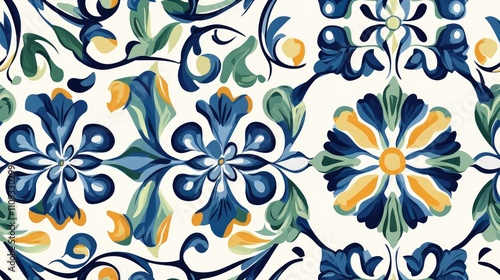Seamless pattern featuring traditional Mediterranean ornaments in blue and green perfect for fabric printing and home decor