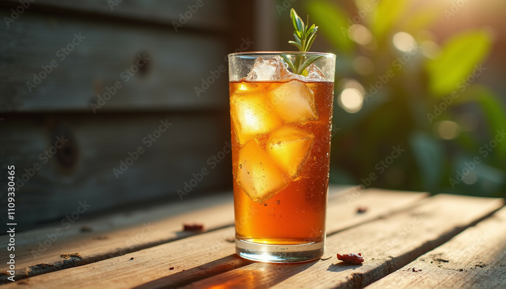 Iced tea with rosemary on outdoor table.