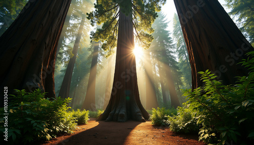 Sunbeams illuminate a majestic redwood forest  creating a serene and mystical atmosphere.
