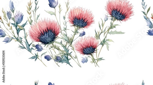Fototapeta Naklejka Na Ścianę i Meble -  Seamless round frame pattern featuring watercolor thistle and meadow flowers on white background ideal for natural cosmetics and aromatherapy design