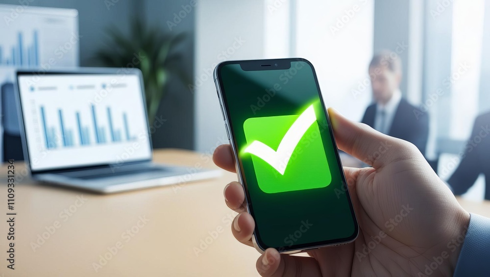 A person holding a smartphone displaying a green checkmark, with a blurred office background featuring a laptop and charts. A person holding a smartphone displaying a green checkmark, with a blurred office background featuring a laptop and charts.