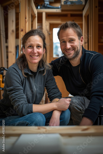 A couple pauses while assembling a wooden summerhouse, smiling and discussing their progress outdoors