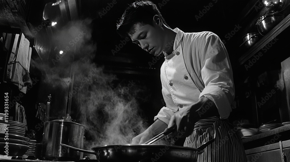 Chef Cooking with Dramatic Lighting in Professional Kitchen Chef Cooking with Dramatic Lighting in Professional Kitchen