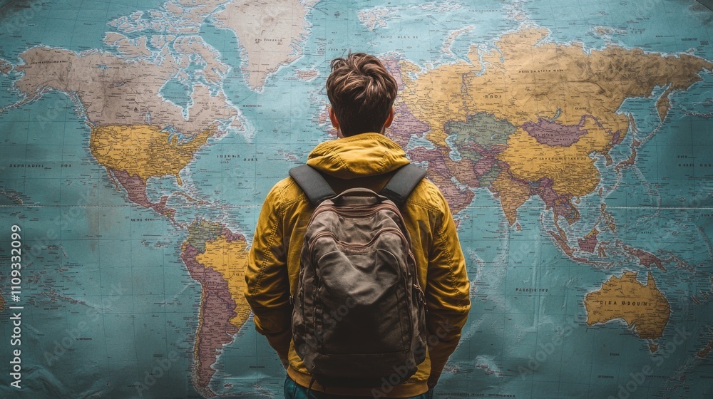 Fototapeta premium Traveler Contemplating Adventures While Standing Before a World Map, Showcasing a Spirit of Exploration and Wanderlust in a Unique Photography Composition