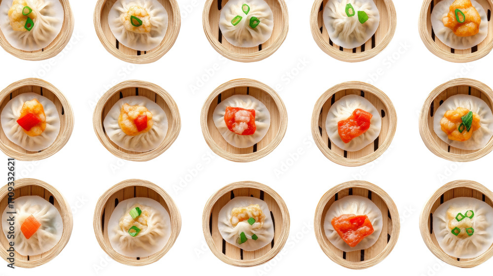 Fototapeta premium Delicious dumplings in bamboo steamers. A pattern of steamed dumplings in bamboo baskets, topped with colorful garnishes like scallions and sauce, showcasing traditional Asian cuisine.