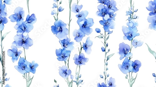 Handmade watercolor illustration of delphinium flowers in a seamless pattern on white background perfect for fabric and wallpaper design kids decor
