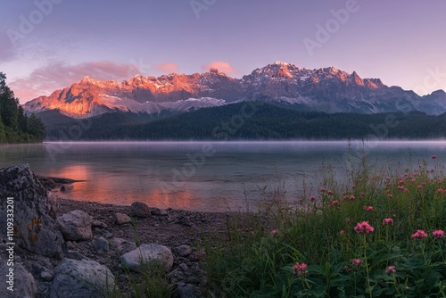 Sunrise Over Eibsee Lake with Majestic Mountains in the Background, AI generated illustration photo