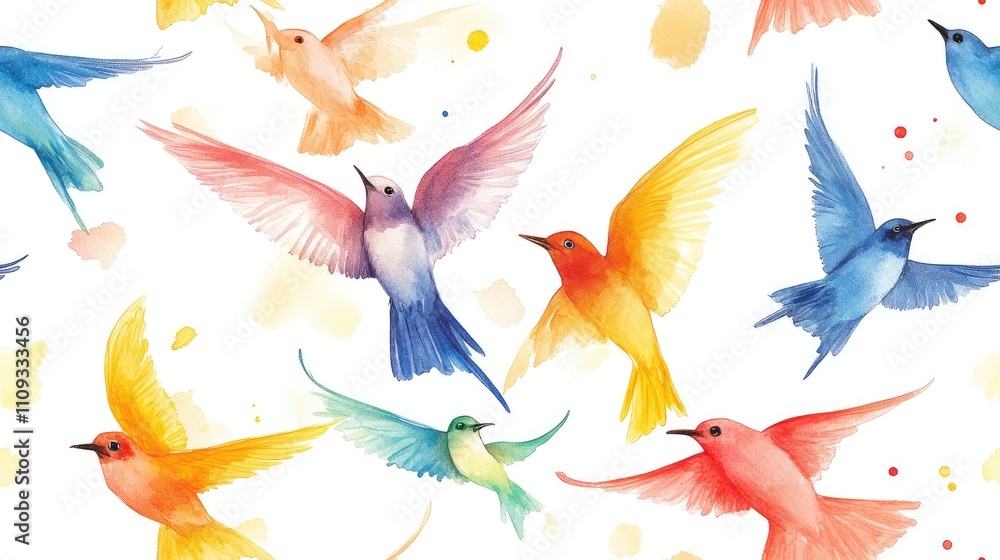 Fototapeta premium Seamless pattern featuring colorful watercolor swallows ideal for textile design and home decor