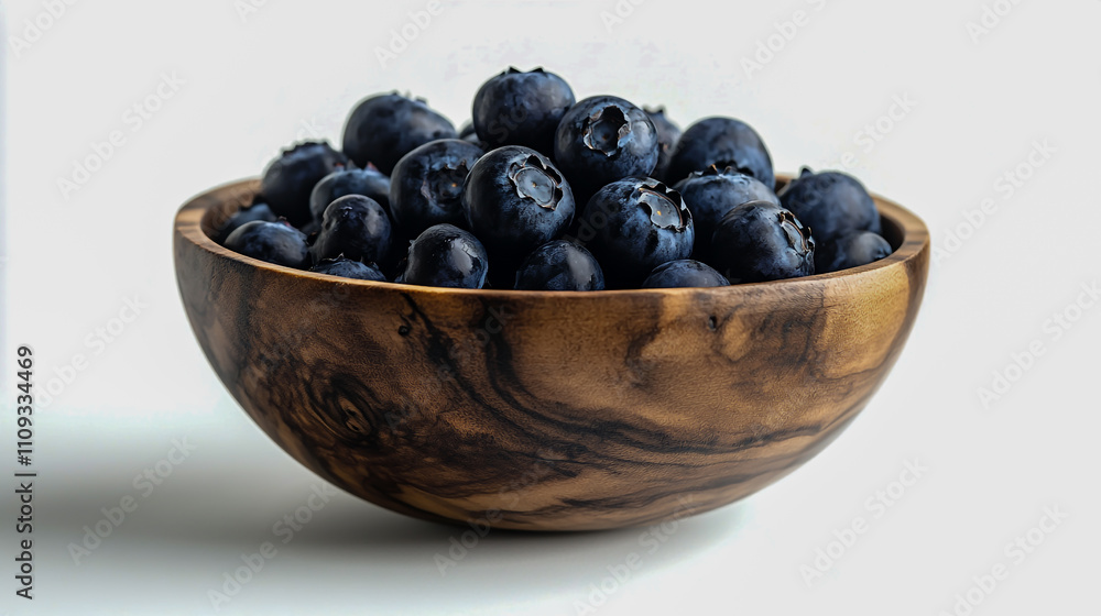 Fresh blueberries in a rustic wooden bowl, isolated against a clean white background Fresh blueberries in a rustic wooden bowl, isolated against a clean white background