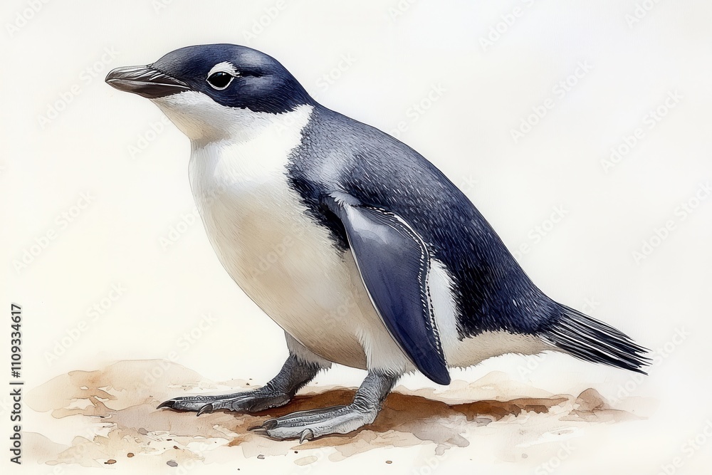 Obraz premium A detailed illustration of a small penguin standing upright on a sandy surface.