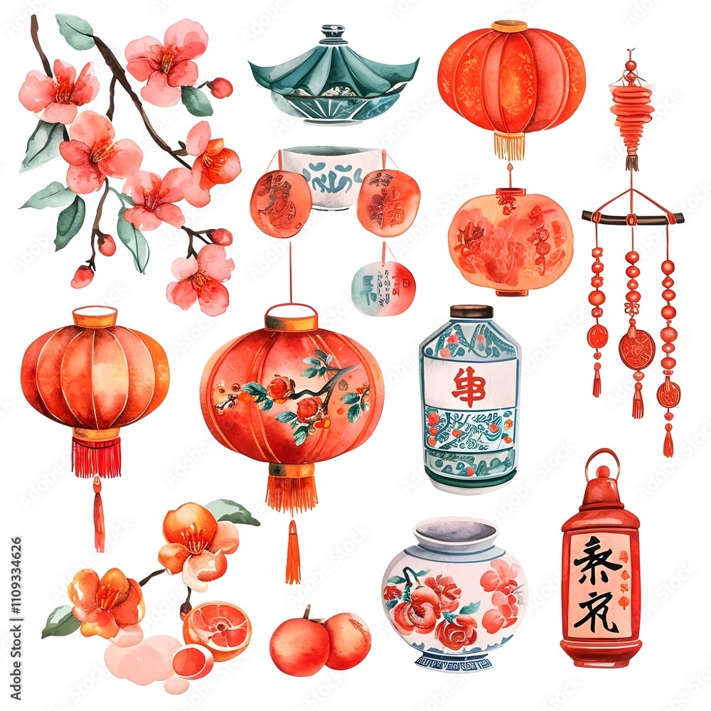 a collection of chinese new year, lantern, flower, dragon, watercolor art on white background a collection of chinese new year, lantern, flower, dragon, watercolor art on white background
