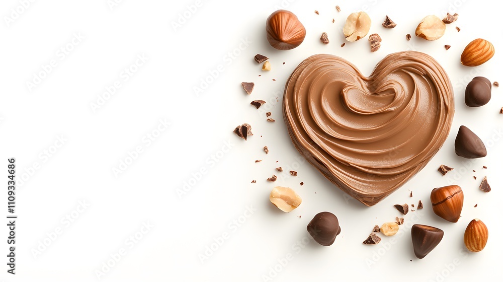 Fototapeta premium Swirls of chocolate hazelnut spread in a heart shape, surrounded by scattered hazelnuts, 3D artistic layout