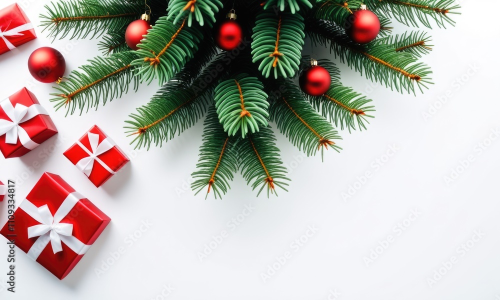 Festive christmas scene with red gifts and evergreen decorations on white background Festive christmas scene with red gifts and evergreen decorations on white background