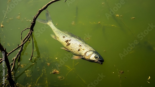 Dead fish floating in green-tinted water with dead trees in an unappealing landscape. AI generated illustration photo