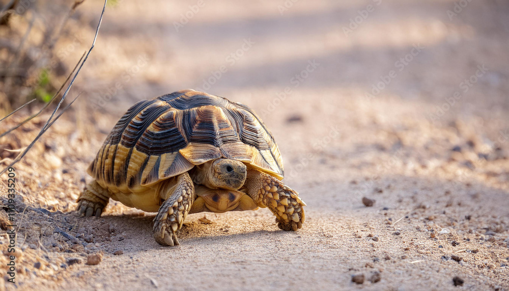 Obraz premium Leopard Tortoise Walking on a Sandy Path in the Afternoon Sun and Copy Space
