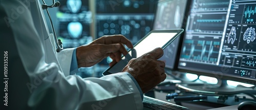 Close-up of Doctor using Tablet and Laptop for Electronic Medical Records and Global Health Network photo