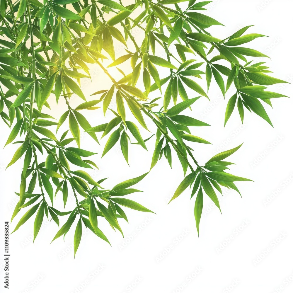 Fototapeta premium Bamboo leaves with sunlight, white isolate background.