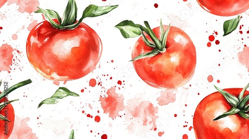 Seamless hand drawn tomato pattern featuring watercolor splashes perfect for textile and wallpaper design