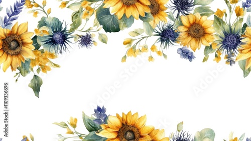 Wallpaper Mural Hand painted watercolor sunflower and freesias wreath with thistle and eucalyptus on white background perfect for greeting cards and wedding stationery design Torontodigital.ca
