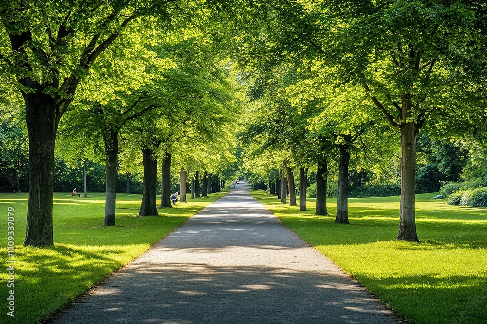 Sunny park alley with vibrant green trees and clear blue sky Sunny park alley with vibrant green trees and clear blue sky