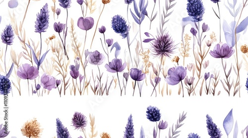 Seamless watercolor pattern featuring botanical meadow border with violet purple Plantago and Apera dried wild plants ideal for vintage garden wallpaper design photo