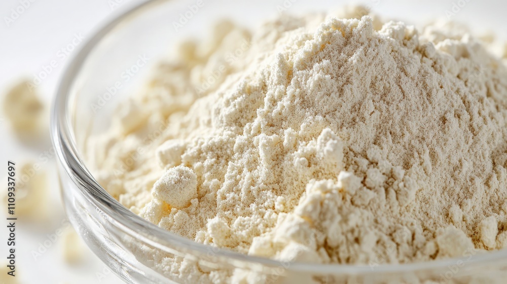 Flour in a clear bowl ready for baking and cooking activities in the kitchen Flour in a clear bowl ready for baking and cooking activities in the kitchen
