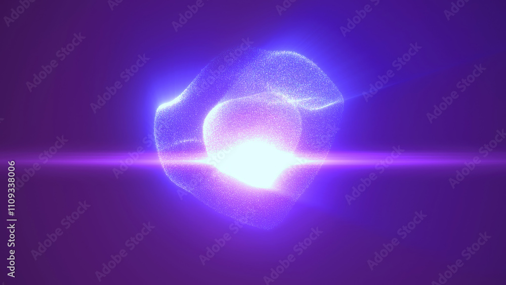 Obraz premium Glowing purple particles creating a floating sphere shape with intense light at its core, set against a deep violet background
