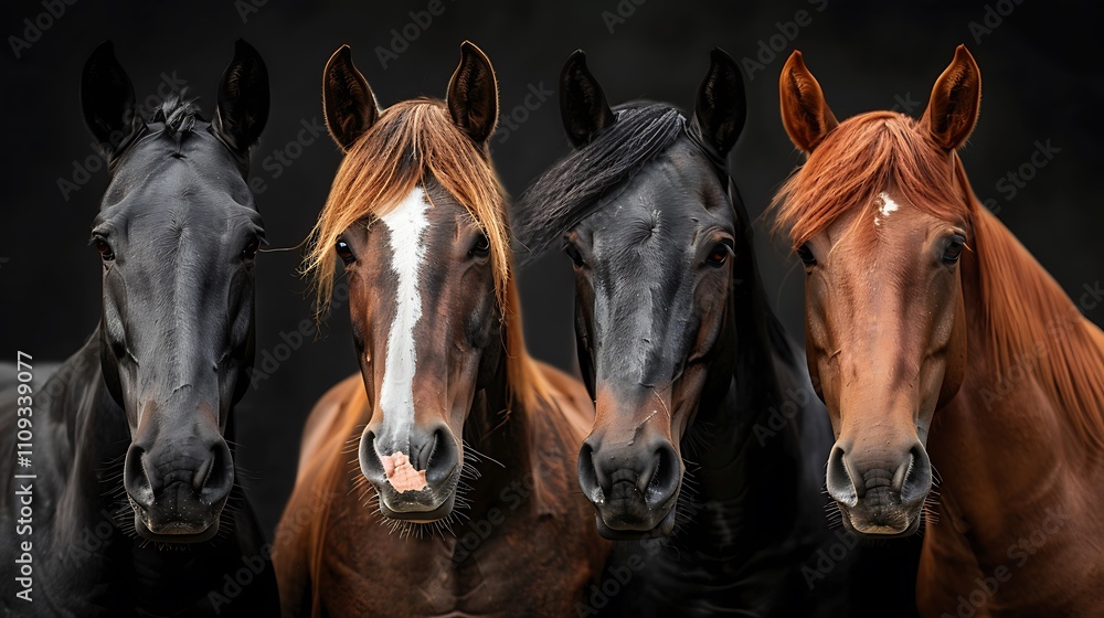 Fototapeta premium Horse group portrait at black background for banner