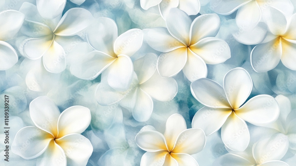 Fototapeta premium Seamless pattern of hand painted white plumeria flowers in a watercolor style ideal for stylish floral textiles botanical design home decor