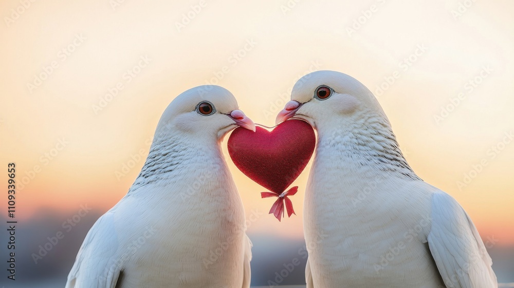 Fototapeta premium Two white doves hold a red heart together, symbolizing love and unity against a soft sunset backdrop.