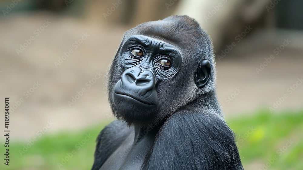Fototapeta premium A close-up portrait of a thoughtful gorilla in a natural setting.