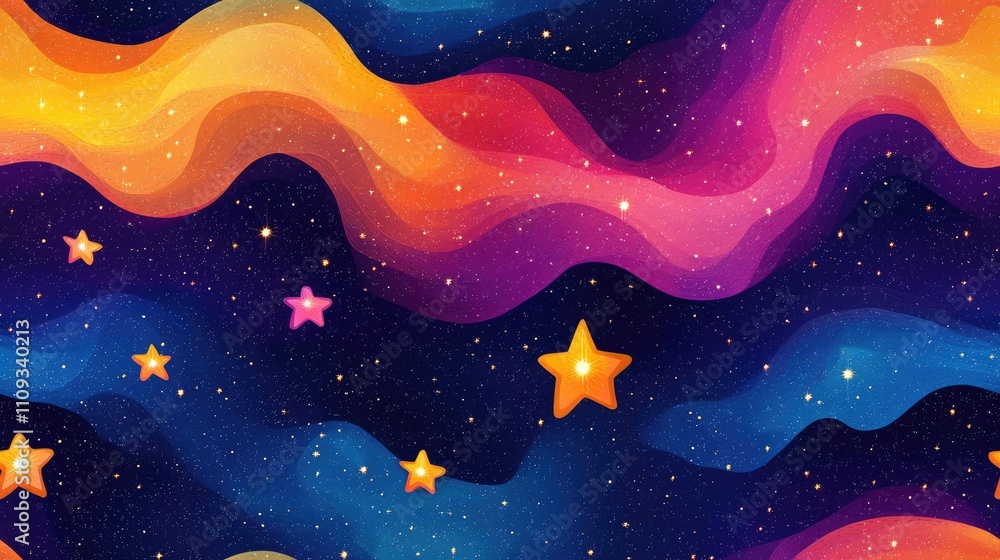 Fototapeta premium Vibrant seamless pattern featuring abstract colorful stars and a galaxy background perfect for wallpaper design